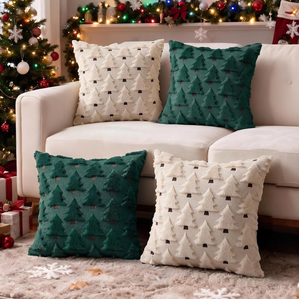 Christmas Throw Pillow Covers 18x18 inch Set of 4 Beige and Green